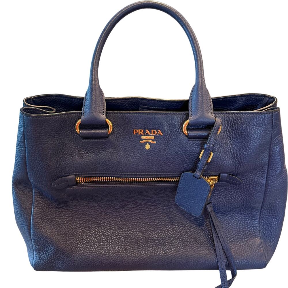 Prada Vitello Daino Navy Blue Pebbled Leather Double Zip Tote Bag Gold Hardware